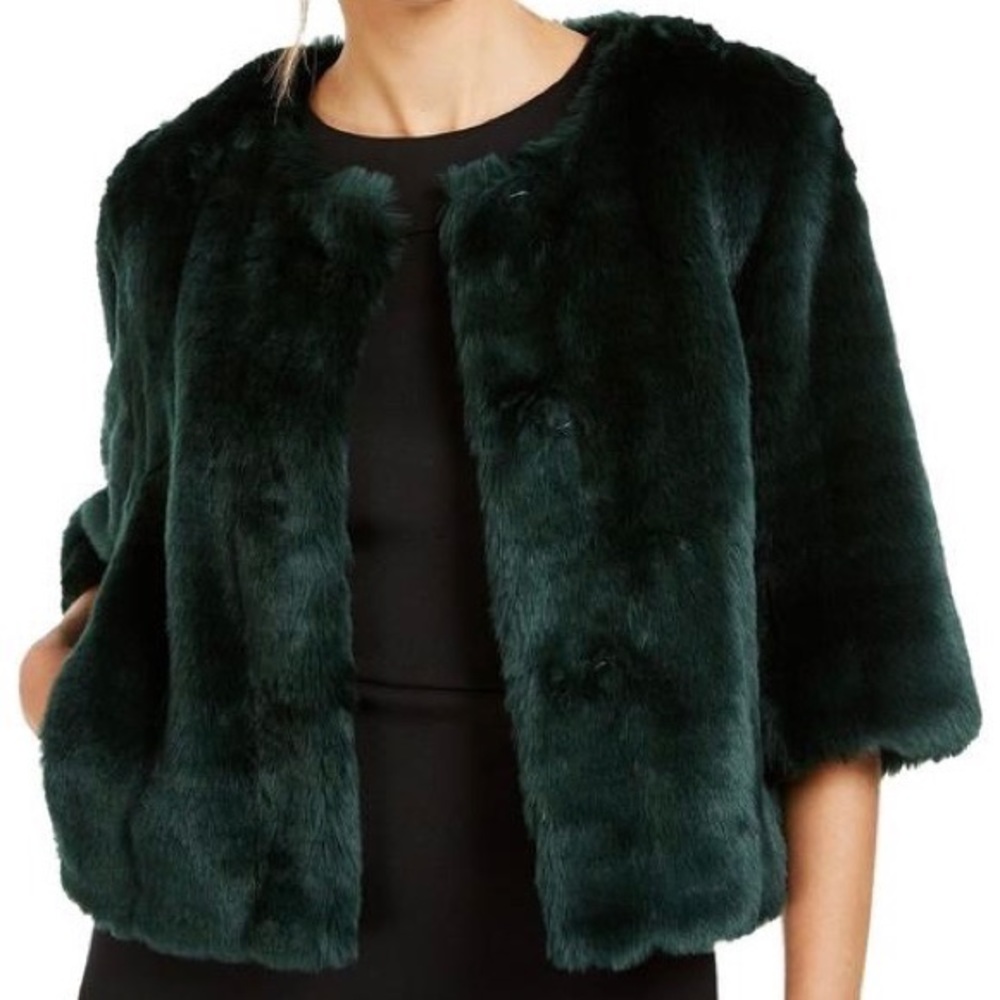 Calvin Klein Green Faux Fur shrugged Crop Jacket